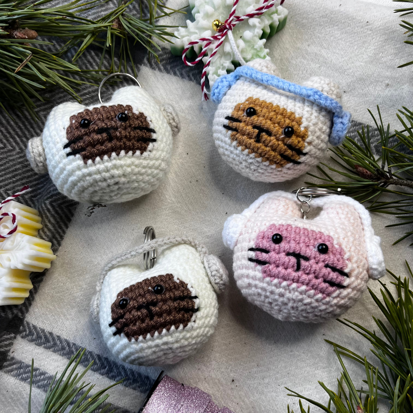 Crochet Cat Wearing Headphone Keychain