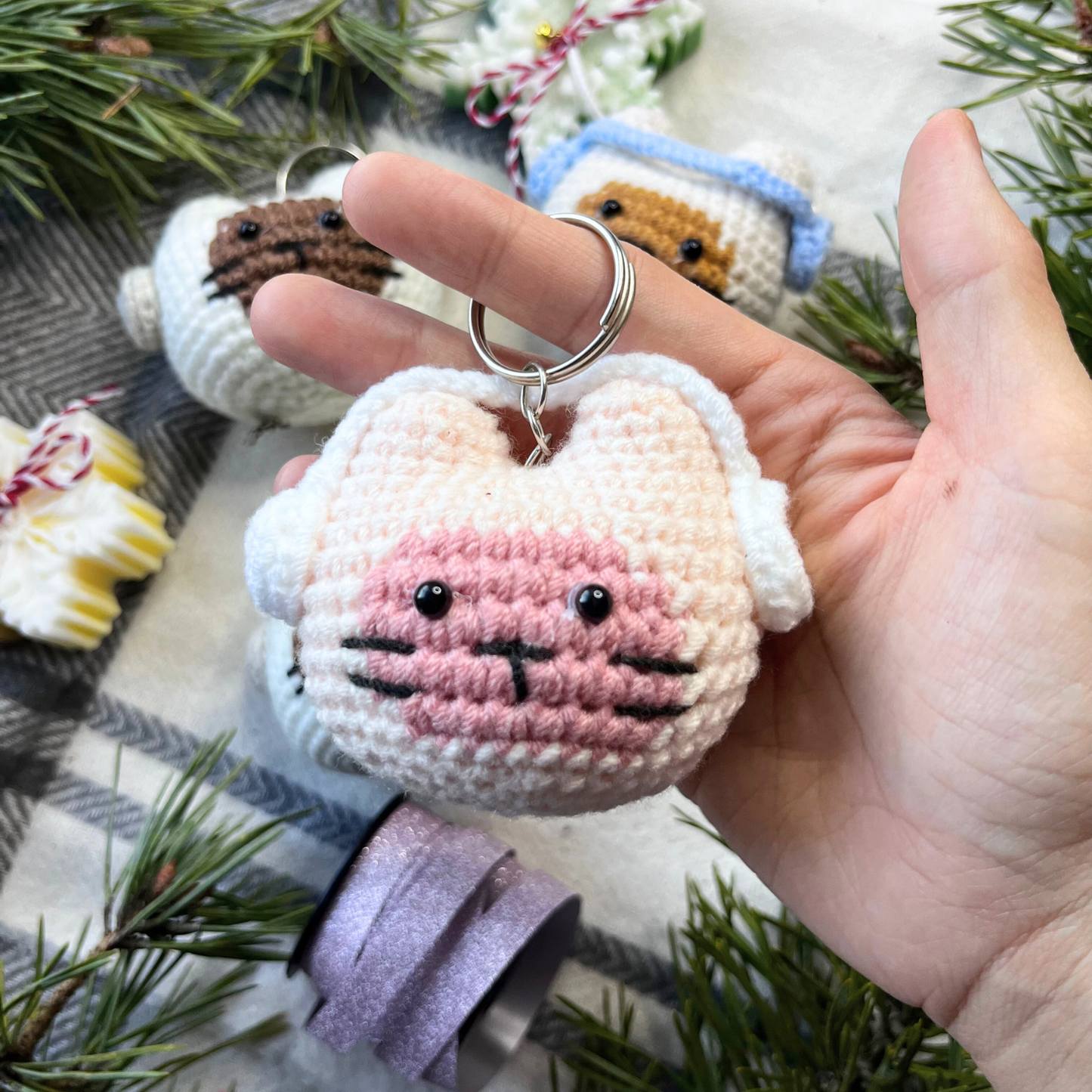 Crochet Cat Wearing Headphone Keychain