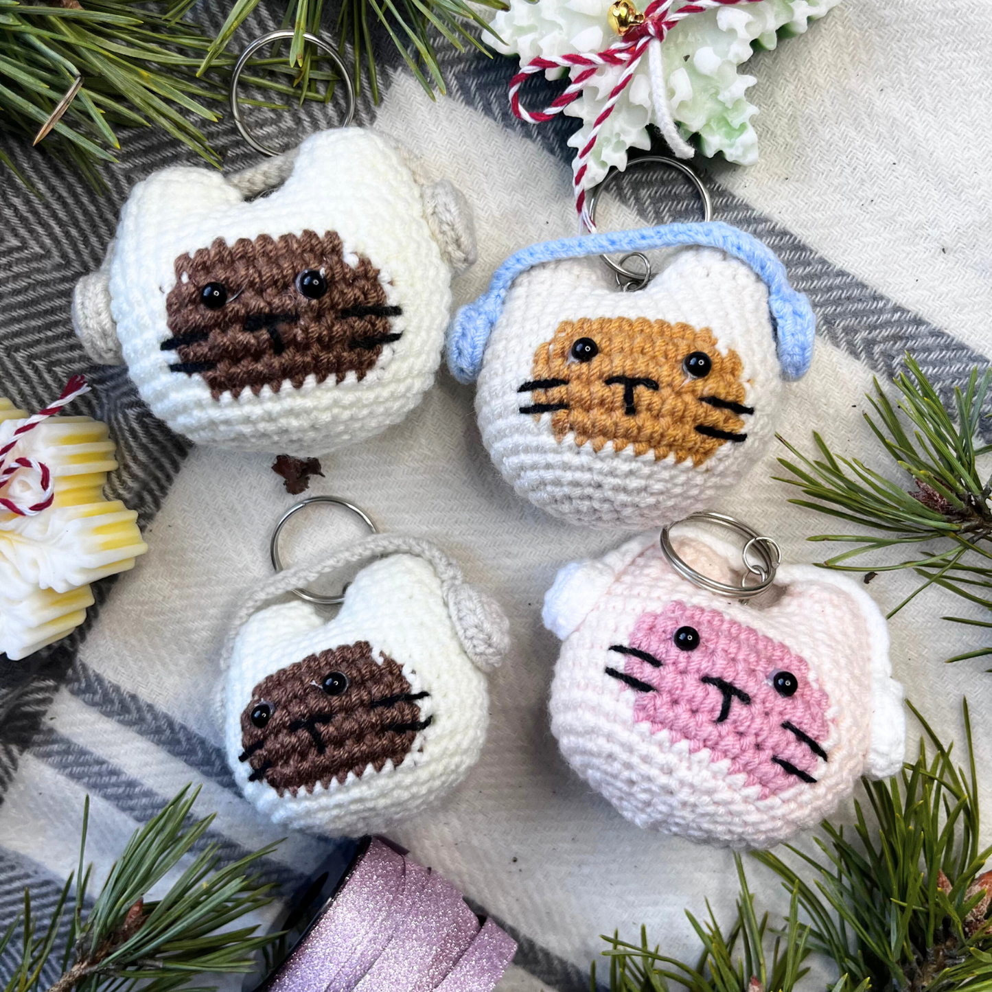 Crochet Cat Wearing Headphone Keychain