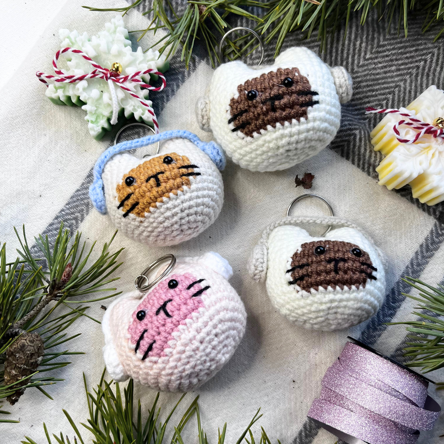 Crochet Cat Wearing Headphone Keychain